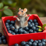 www.naked-ai.art - A red box of blue berries with a rat dancing inside