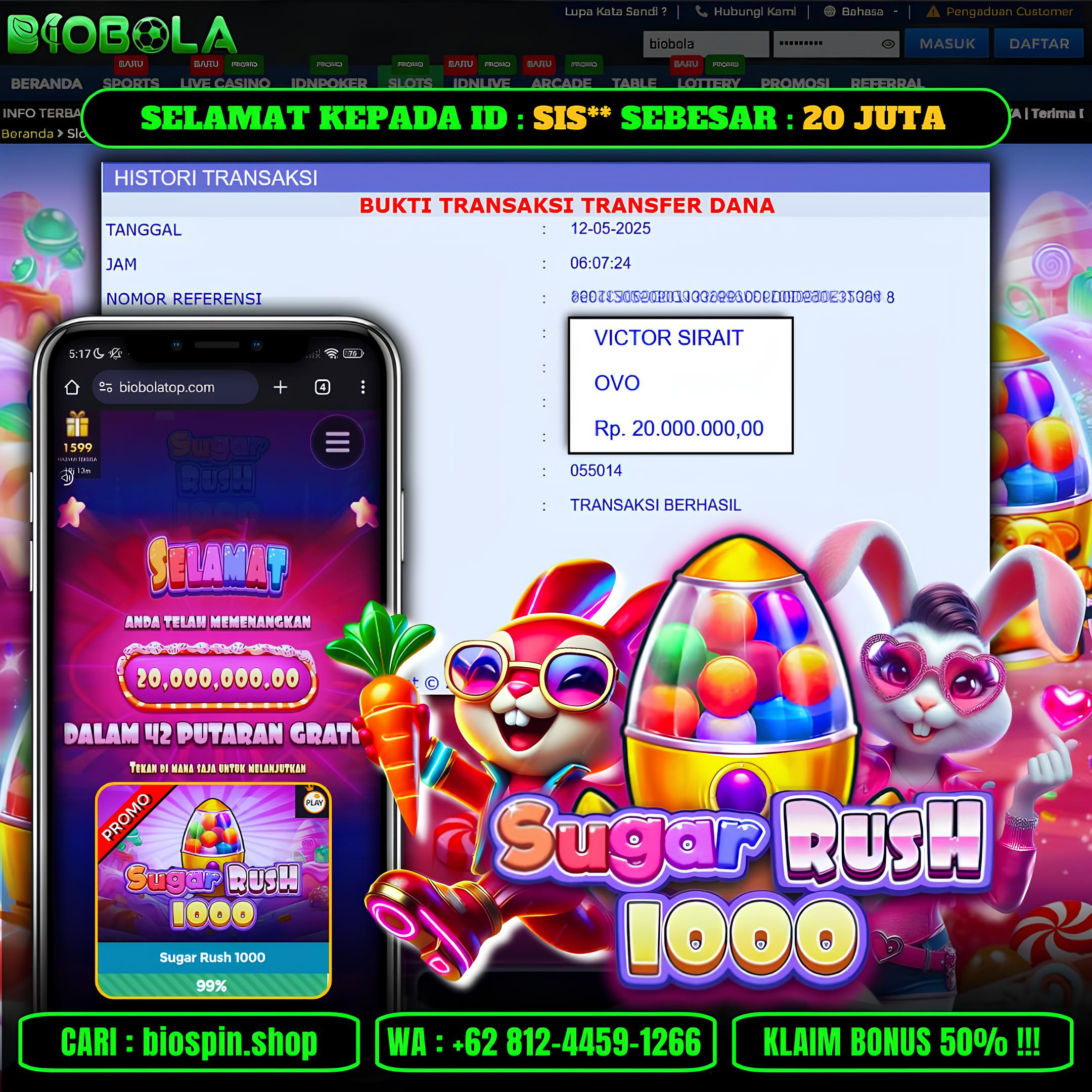 BIOBOLA  - JACKPOT DI GAME SLOT SUGAR RUSH 1000 SEBESAR RP 20JT DIBAYAR LUNAS