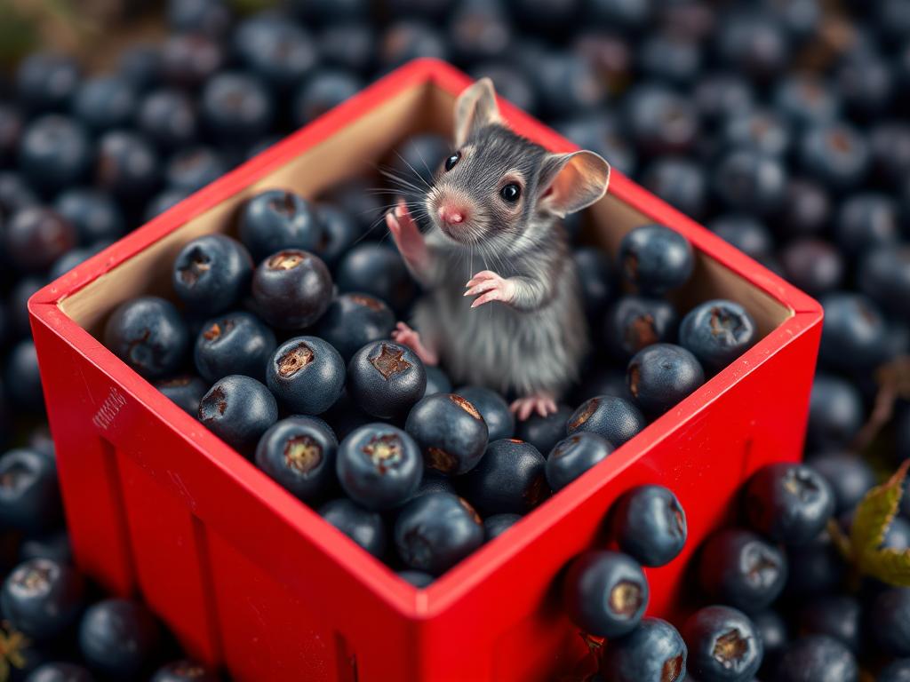 A red box of blue berries with a rat dancing inside