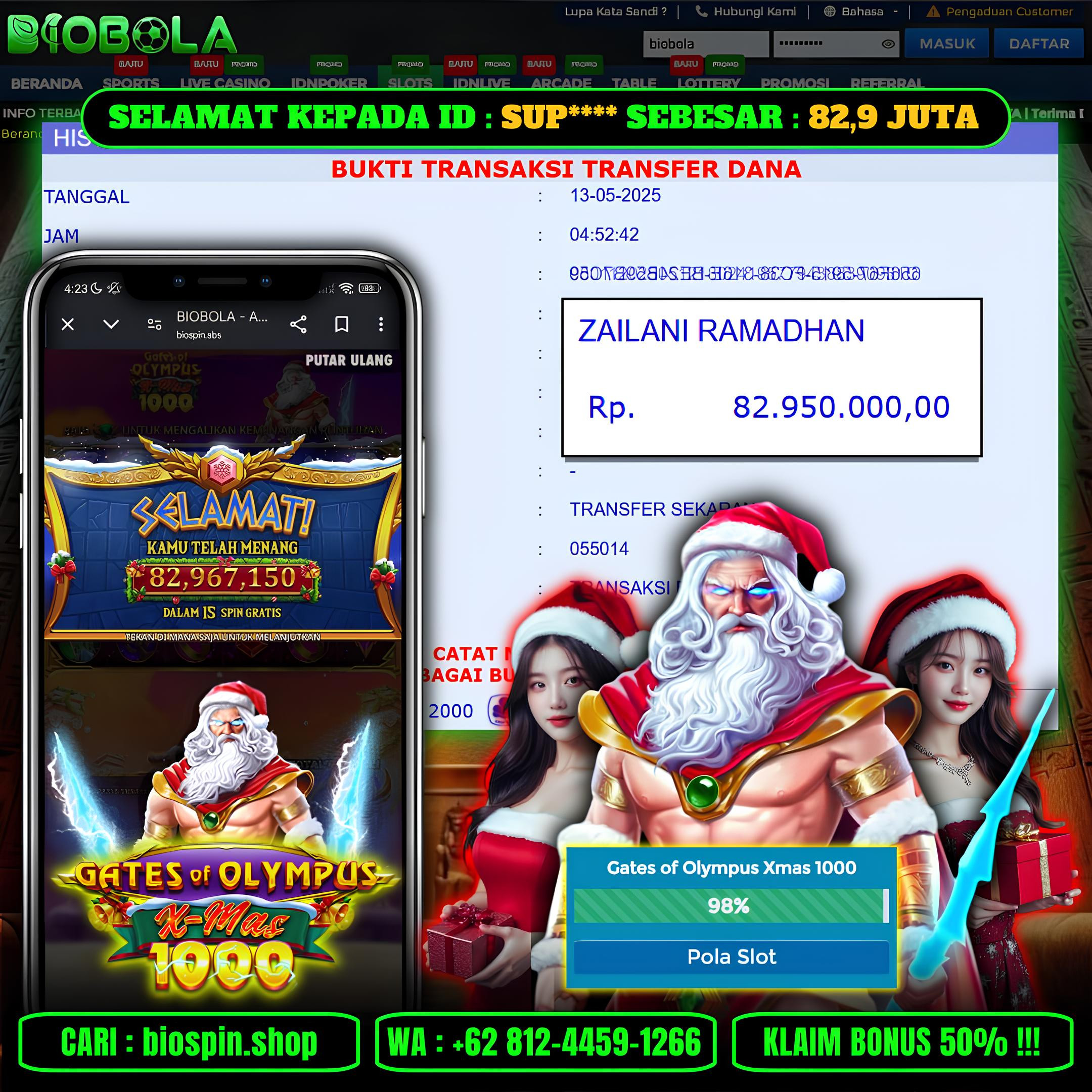 BIOBOLA  - JACKPOT DI GAME SLOT GATES OF OLYMPUS X-MAS 1000  SEBESAR RP 82,9JT DIBAYAR LUNAS