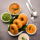Vada or Medu vadai with sambar and chutney - Popular South Indian snack or breakfast