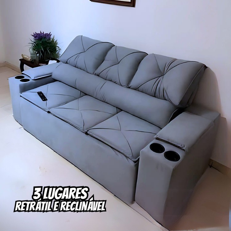 Sofá 3 lugares DDS Next Pop com Assento Retrátil e Encosto Reclinável em Velosuede com porta-copos – 205cm de Largura