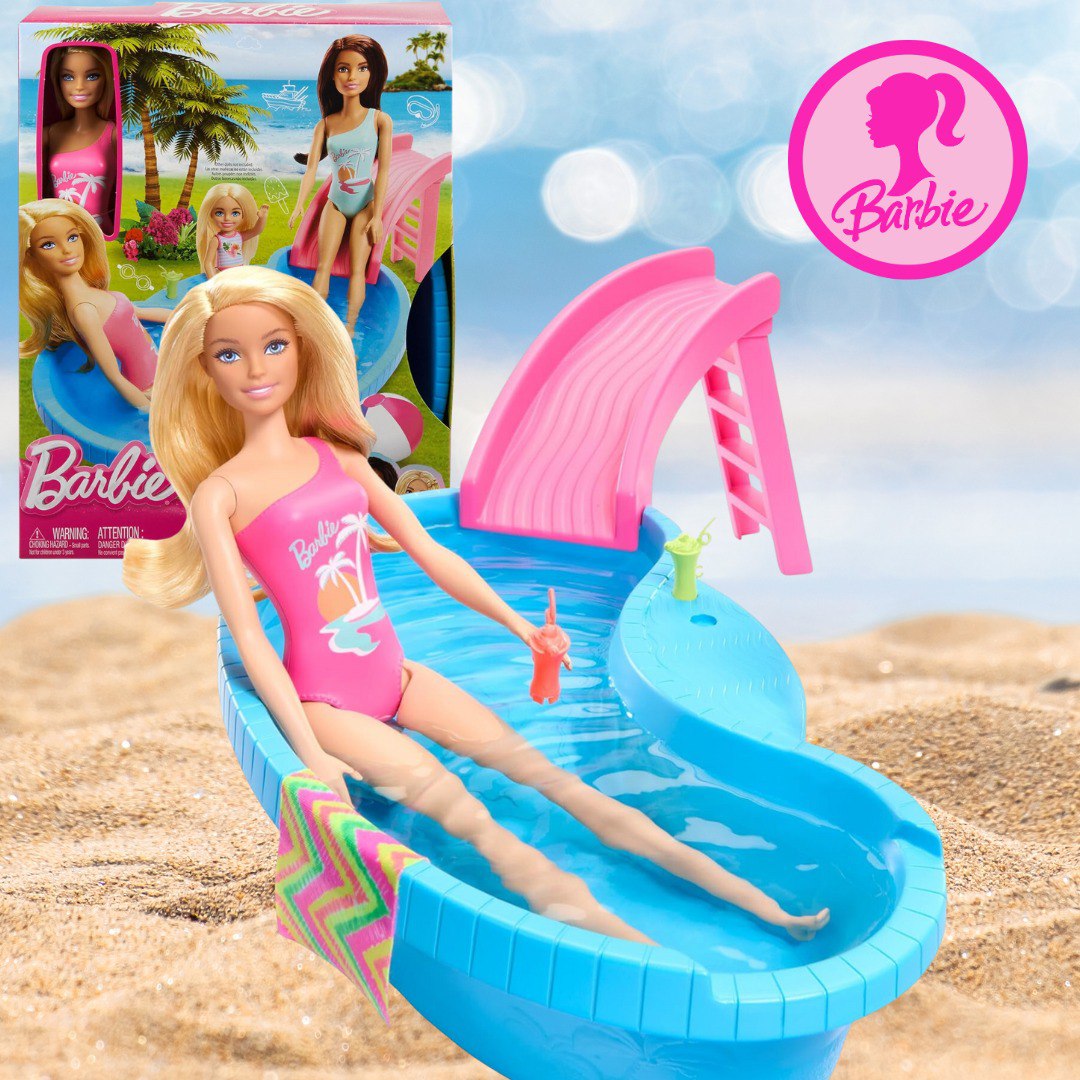 Barbie, Conjunto de Brinquedo com 1 Boneca com Maiô Rosa, 1 Piscina Glam e Acessórios, Para Crianças A Partir de 3 Anos