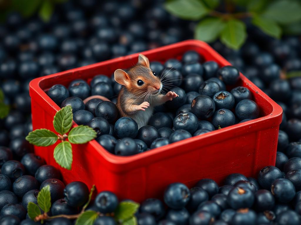 A red box of blue berries with a rat dancing inside