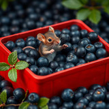www.naked-ai.art - A red box of blue berries with a rat dancing inside