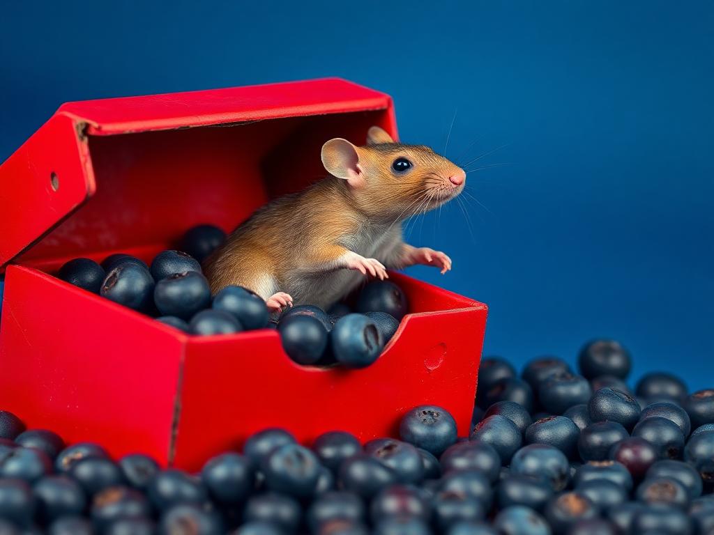 A red box of blue berries with a rat dancing inside