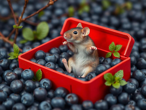 www.naked-ai.art - A red box of blue berries with a rat dancing inside.jpg