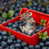 www.naked-ai.art - A red box of blue berries with a rat dancing inside