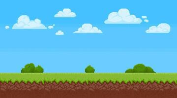 pixel art landscape game background with blue sky clouds and grass summer day scene for 8 bit arcade.jpg