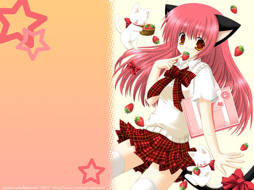 Konachan.com 7968 animal animal ears blush bow cat cat smile catgirl food fruit long hair nekoneko p.jpg