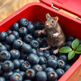 www.naked-ai.art - A red box of blue berries with a rat dancing inside