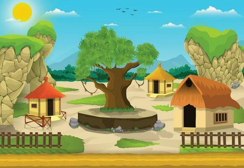 illustration of countryside beautiful african village cartoon background of green meadows and surrou.jpg