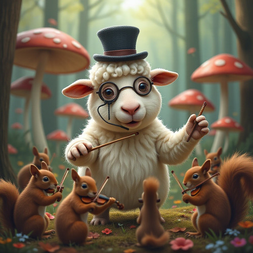 A fluffy bewildered looking sheep wearing a tiny monocle and top hat attempting to conduct an orches.jpg