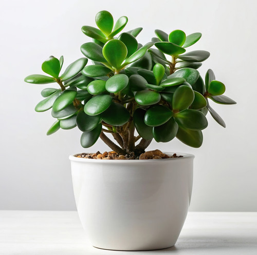 description and 28 keywords tags for a stock photo of a Jade Plant Crassula ovata in a modern lookin.jpg