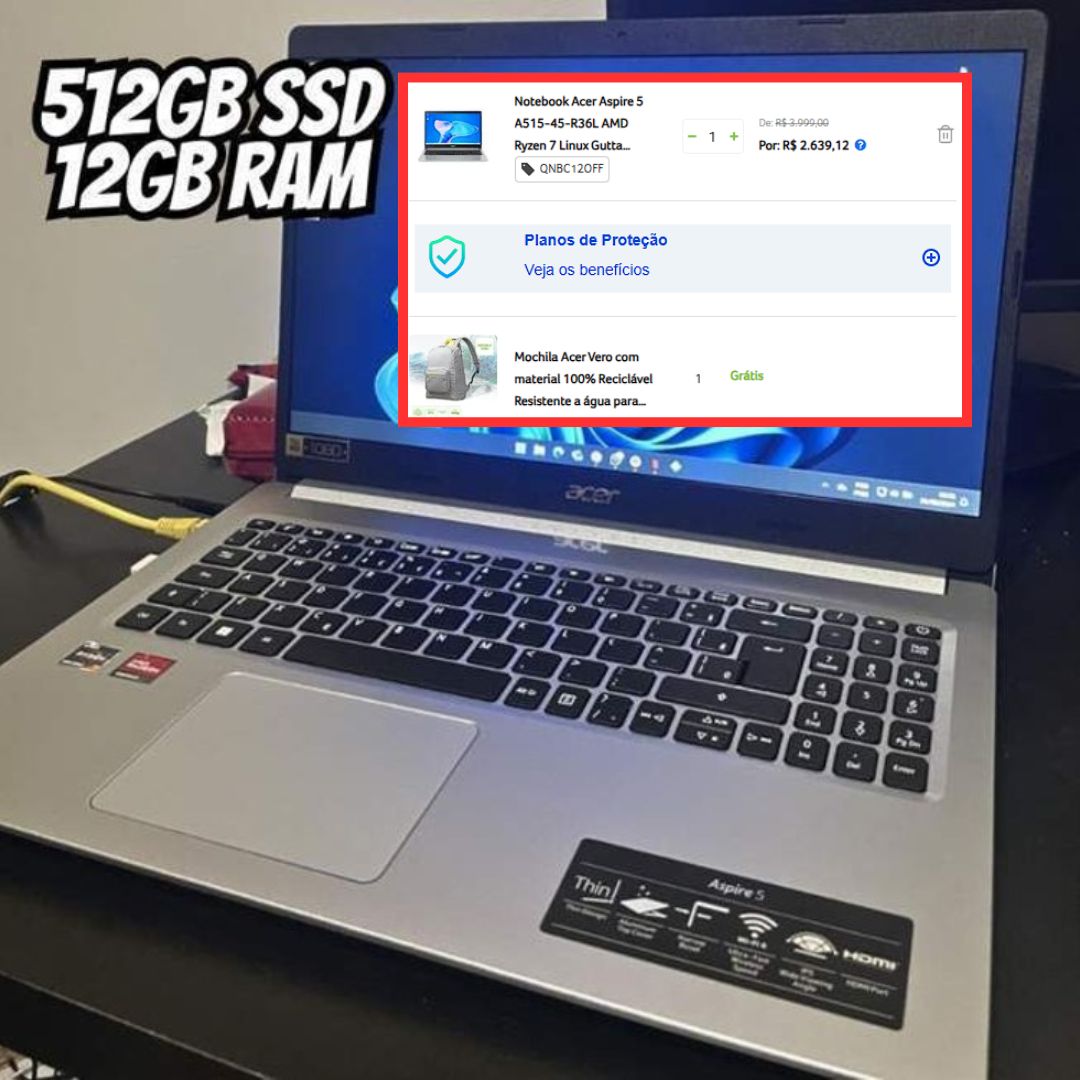 Notebook Acer Aspire 5 A515-45-R36L AMD Ryzen 7 5700U 12GB RAM (AMD Radeon) 512GB SSD 15.6” LED IPS Full HD Prata Teclado numérico Independente Linux Gutta