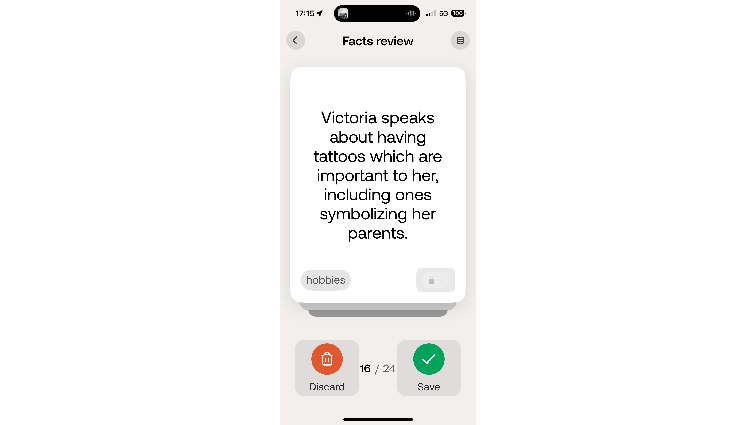 None Screenshot of Bee’s Fact Review page. The fact reads “Victoria speaks about having tattoos which are important to her, including ones symbolizing her parents.”