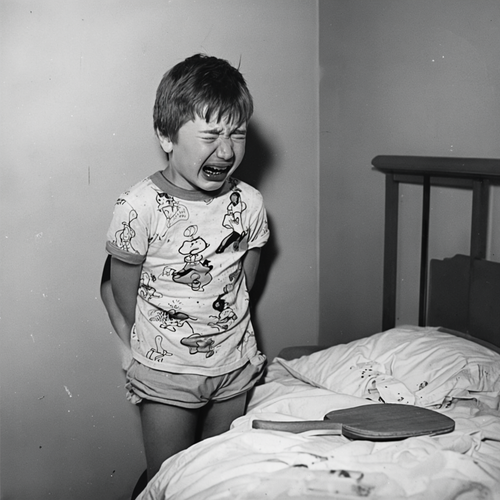 Irish boy, 12, standing by messy bed, 1970s, wearing cartoon shirt and shorts, hands behind back, cr.png