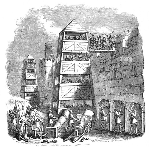 un assedio torre nel xiv secolo da cui longbows e balestre potrebbe essere utilizzato nella guerra d.jpg