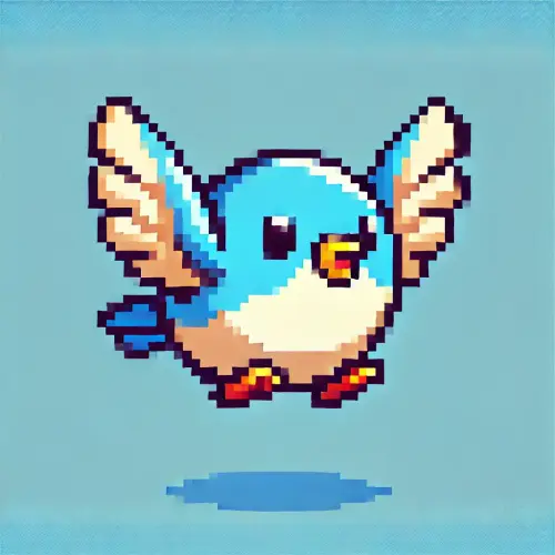 DALL·E 2025 03 13 09.09.27 A charming pixel art style bird with a round body, flapping its small win.webp