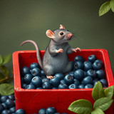 www.naked-ai.art - A red box of blue berries with a rat dancing inside