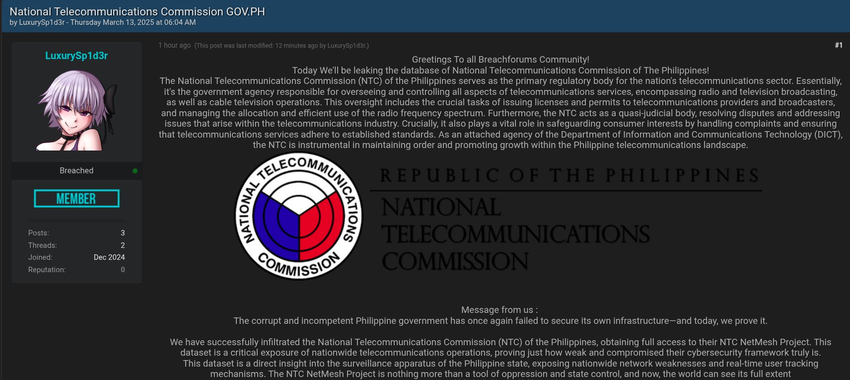 Philippine National Telecommunications Commission's NetMesh Project Data Leaked on a Dark Web Forum