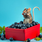 www.naked-ai.art - A red box of blue berries with a rat dancing inside