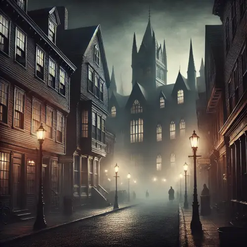 DALL·E 2025 03 13 03.13.14 A mysterious and atmospheric depiction of Arkham, Massachusetts in the 19.webp