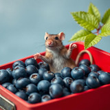 www.naked-ai.art - A red box of blue berries with a rat dancing inside