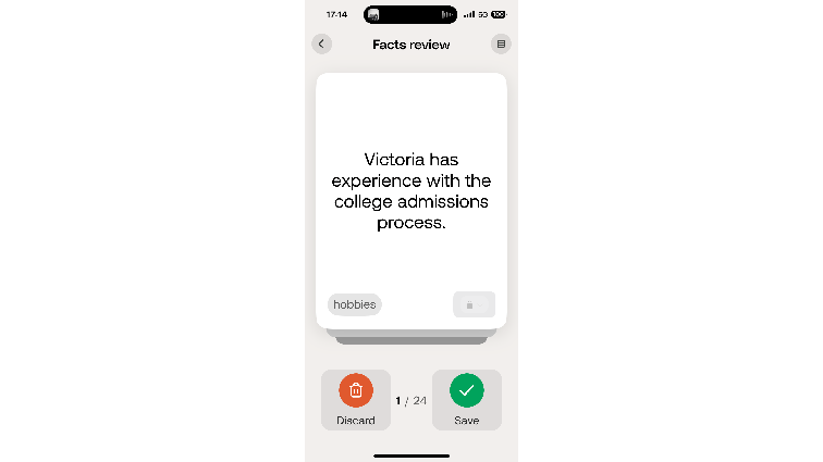 None Screenshot of Bee’s Fact Review page. The fact reads “Victoria has experience with the college admissions process.”