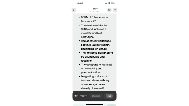 None Screenshot of Bee app summary. It correctly lists bullet points describing the BoldHue foundation printer, including pricing and the company’s focus on inclusivity.