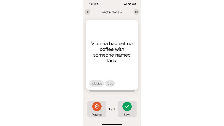 None Screenshot of Bee’s Fact Review page. It reads “Victoria had set up coffee with someone named Jack.”
