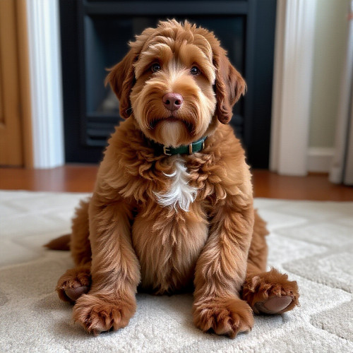 A Big Belly Bob a labradoodle with an absurdly large and bouncy belly sitting like a teddy bear .jpg
