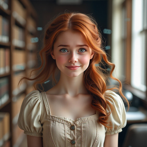 A whimsical slightly exasperated young woman with flowing auburn hair wearing a vintage dress lookin.jpg