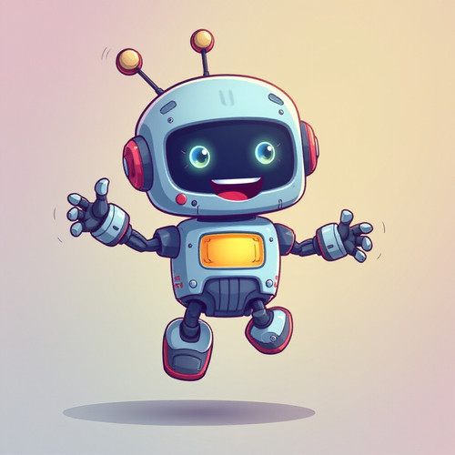 A cute cartoon robot bouncing energetically with a cheerful expression The background is a simple co.jpg