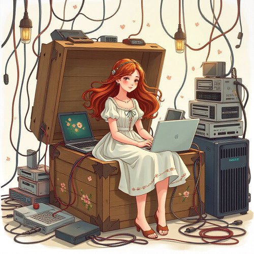 A whimsical illustration of a young woman with flowing auburn hair styled in a vintage dress sitting.jpg