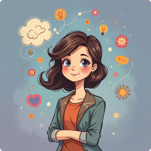 A charming slightly whimsical illustration of a young woman with a thoughtful expression surrounded .jpg
