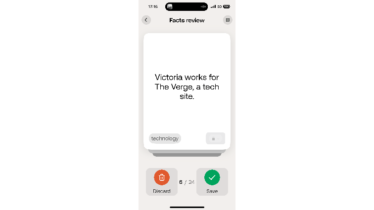 None Screenshot of Bee’s Fact Review page. It reads “Victoria works for The Verge, a tech site.”