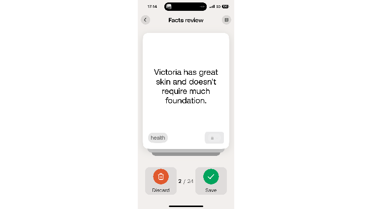 None Screenshot of Bee’s Fact Review page. It reads “Victoria has great skin and doesn’t require much foundation.”