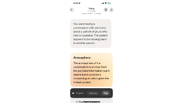 None Screenshot of Bee app summary. It describes a scenario where Senior Reviewer Victoria Song had a conversation about a patient of hers who lives in Louisiana, where the patient may be causing harm to another person. The atmosphere of the conversation is described as unclear.