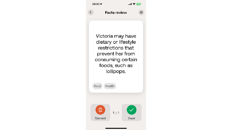 None Screenshot of Bee’s Fact Review page. It reds “Victoria may have dietary or lifestyle restrictions that prevent her from consuming certain foods, such as lollipops.”