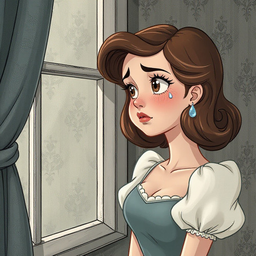 A Southern Belle Bella looking thoughtfully out a window a slight frown on her face a single tear ro.jpg