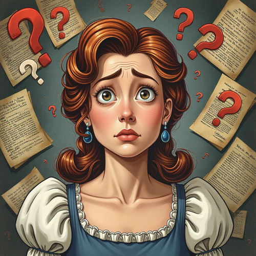A confused Southern Belle with a slightly bewildered expression surrounded by swirling question mark.jpg