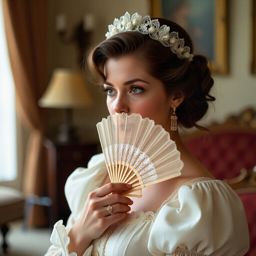 A slightly flustered elegant Southern Belle with a delicate fan partially obscuring her face looking.jpg