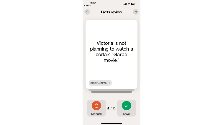 None Screenshot of Bee’s Fact Review page. It reads “Victoria is not planning to watch a certain ‘Garbo movie.’”