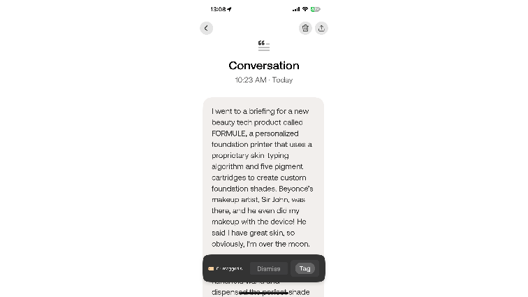 None Screenshot of Bee app summary. It summarizes Senior Reviewer Victoria Song’s briefing of BoldHue, a foundation printer. The summary is correct overall but incorrectly names the product as FORMULE.