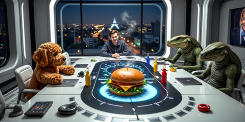 A surreal scene featuring a plush labradoodle with an absurdly large spherical belly usually sitting.jpg