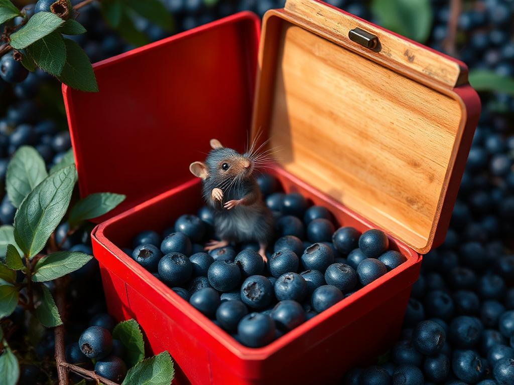 A red box of blue berries with a rat dancing inside