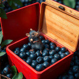 www.naked-ai.art - A red box of blue berries with a rat dancing inside