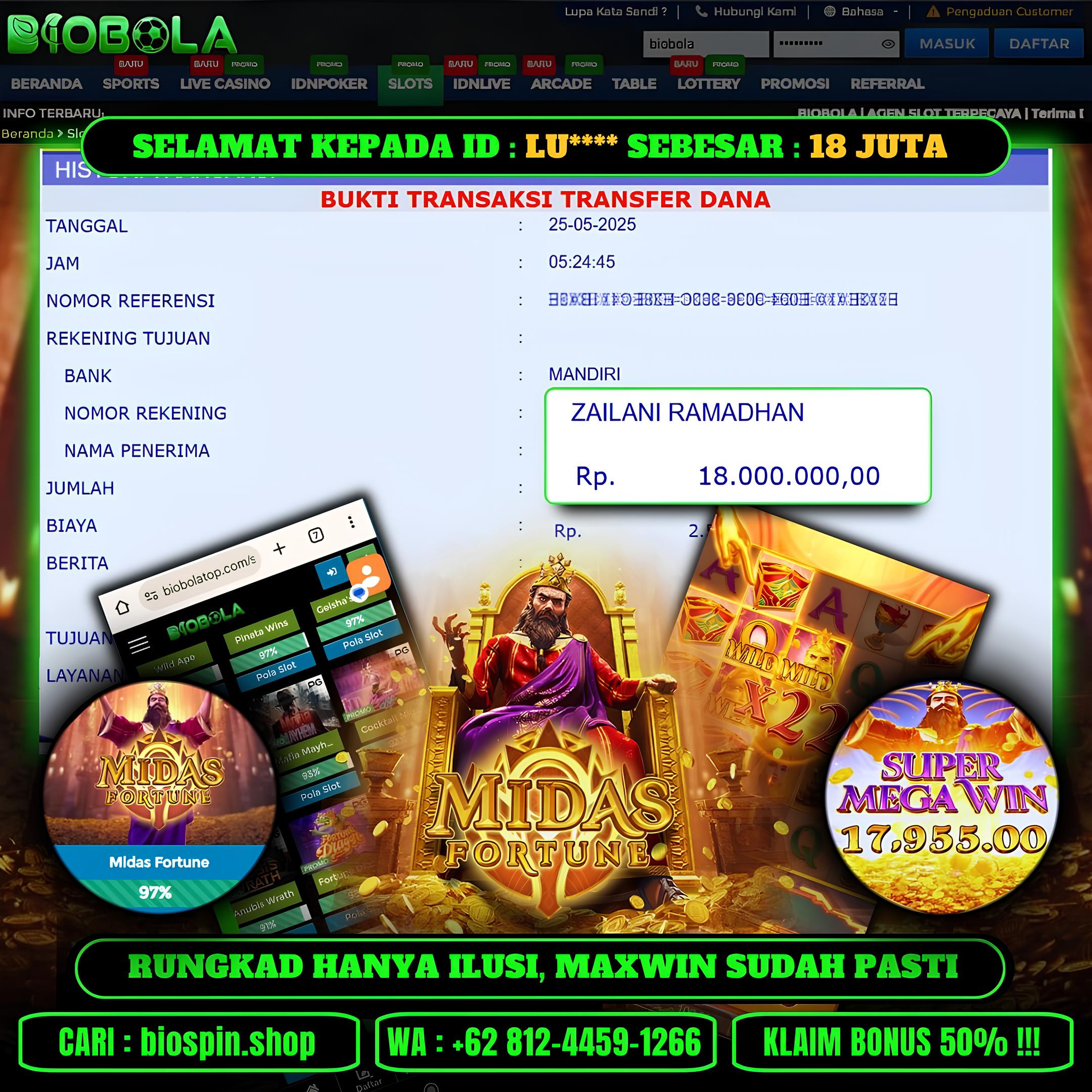 BIOBOLA  - JACKPOT DI GAME SLOT MIDAS FORTUNE RP 18JT DIBAYAR LUNAS