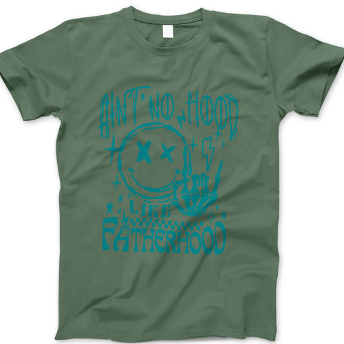 Photograph of four blank t-shirts greys beige and army green. Clipping path included. Ready for your.jpg